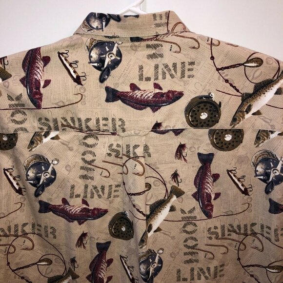 Magellan Mens Large Beige Fish Printed Long Sleeve Button Up Collar Shirt Size L - Picture 6 of 10